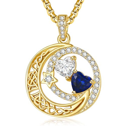 14K Gold Moon and Star Double Birthstone Necklace Gifts for Women | 2 Heart Birthstone Necklace,Mothers Day Wedding Anniversary Birthday Gifts for Wife Mom Daughter Grandma Sister - color: 04-09-Apr-Sept Birthstone