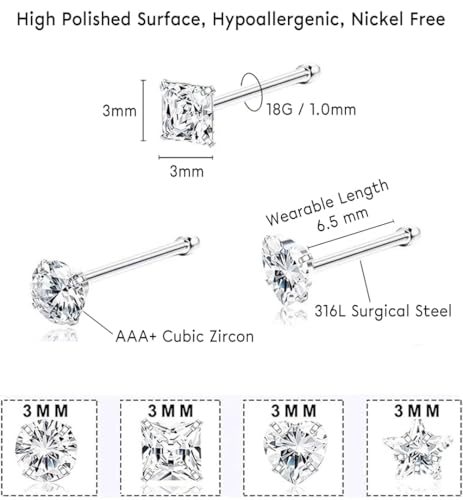 SEEDRILL 8Pcs 20G Nose Rings studs for Woman Hypoallergenic Nose Studs 316L Surgical Steel with Gold Plated Nose Piercings Jewelry 3mm CZ L Shape Nose Rings 20 Gauge Nose Stud Nose Screw Studs - style: 8Pcs/18G/3mm CZ/Straight Bar/Silver