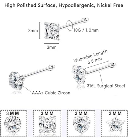 SEEDRILL 8Pcs 20G Nose Rings studs for Woman Hypoallergenic Nose Studs 316L Surgical Steel with Gold Plated Nose Piercings Jewelry 3mm CZ L Shape Nose Rings 20 Gauge Nose Stud Nose Screw Studs - style: 8Pcs/18G/3mm CZ/Straight Bar/Silver