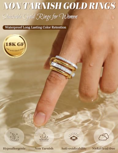 18K Gold Plated Stackable Rings for Women CZ Mixed Metal Statement Rings Set Non Tarnish Interlocked Stacked Ring Unique Connected Band Thumb Ring Fashion Multi-layer Wedding Ring Jewelry Size 6-10 - style: Gold Style B