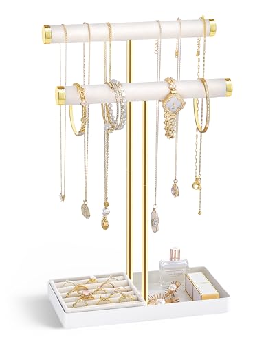 Lolalet 2-Tier Necklace Holder Display, Jewelry Stand with Ring Tray -White | Velvet Wrapped Jewelry Organizer, Tall Bracelet Stand for Bangles Watches Earrings, Gifts for Mom Girls Women Mother's Day - color: White