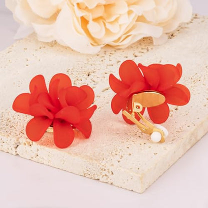 LAXPICOL Fashion Flower Clip On Earrings For Women Cute Lovely Acrylic Flower Earrings No piercing Earrings - color: red