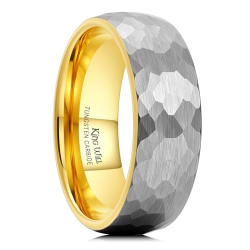 King Will Men's Tungsten Carbide Wedding Ring Hammered Groove Wedding Band Mens Two Tone Engagement Ring for Men and Women Matte Brushed Finish Comfort Fit - color: 8MM Gold-Silver