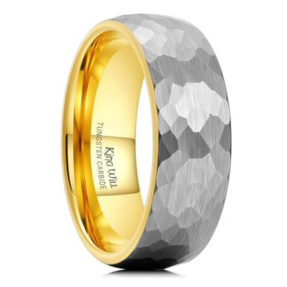 King Will Men's Tungsten Carbide Wedding Ring Hammered Groove Wedding Band Mens Two Tone Engagement Ring for Men and Women Matte Brushed Finish Comfort Fit - color: 8MM Gold-Silver