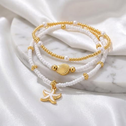 3PCS Waterproof Boho Layered Anklets Bracelets for Women | Gold Beaded Seashell Ankle Bracelets, Adjustable Beaded Anklet, Hawaiian Beach Seashell Starfish Foot Jewelry Gifts
