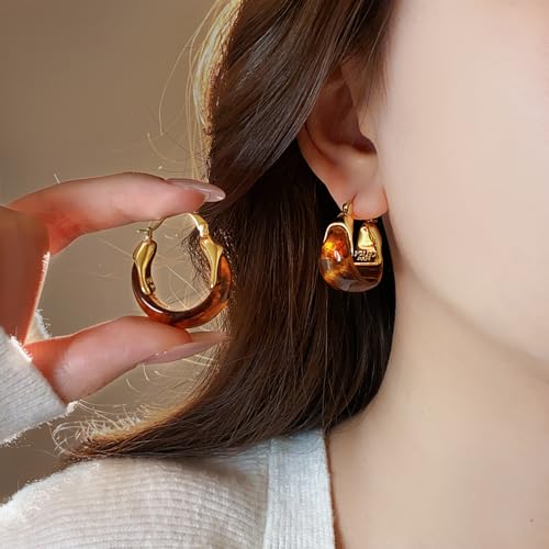18K Gold Plated Chunky Hoop Earrings with Amber Resin Accent, Retro Teardrop Huggie Earrings for Women, Lightweight Statement Jewelry