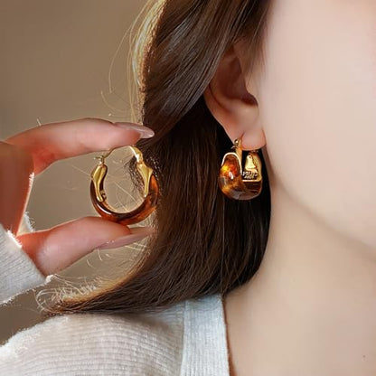 18K Gold Plated Chunky Hoop Earrings with Amber Resin Accent, Retro Teardrop Huggie Earrings for Women, Lightweight Statement Jewelry