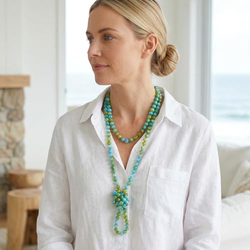 Firstmeet Fashion Beads Rope Knot Long Beaded Necklace Versatile 60" Strand Costume Jewelry for Women - color: Greenish-Blue