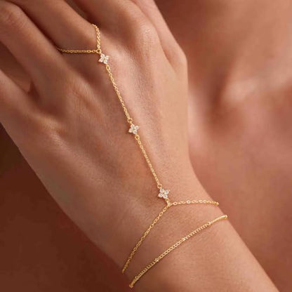 Mothers Day Gifts 14K Gold Plated Hand Chain Bracelet for Women, Stackable Gold/Silver Finger Ring Bracelet Hand Chain Dainty Non Tarnish Waterproof CZ Satellite Bead Link Adjustable Jewelry - color: Gold-Style 4