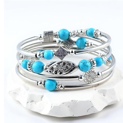 Boho Wrap Beaded Bracelet for Women – Handmade Natural Stone Jewelry – Stainless Steel Adjustable Ethnic Chic Gift - color: Turquoise Stone
