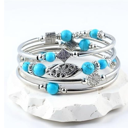 Boho Wrap Beaded Bracelet for Women – Handmade Natural Stone Jewelry – Stainless Steel Adjustable Ethnic Chic Gift - color: Turquoise Stone