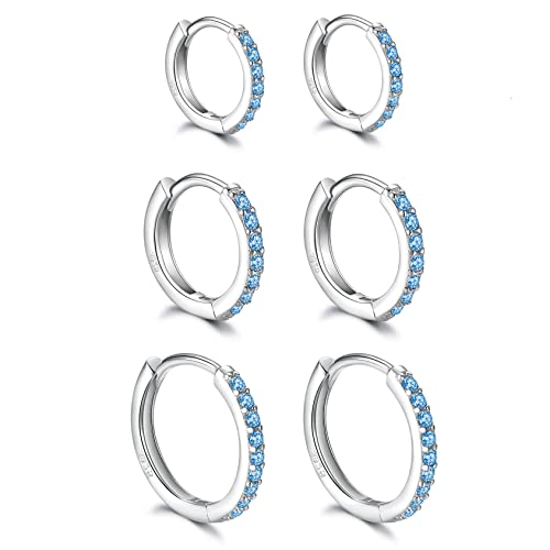 3 Pairs 925 Sterling Silver Small Hoop Earrings for Women Men | Cubic Zirconia, 14K White Gold Plated Huggie Hoop Earrings, Hypoallergenic - style: O-blue cz 8/10/12mm