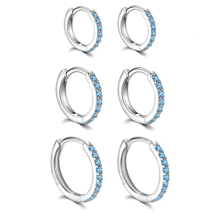 3 Pairs 925 Sterling Silver Small Hoop Earrings for Women Men | Cubic Zirconia, 14K White Gold Plated Huggie Hoop Earrings, Hypoallergenic - style: O-blue cz 8/10/12mm