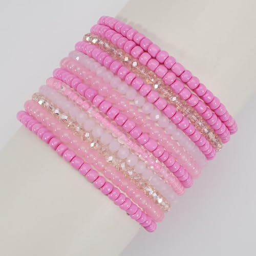 Bohemian Multilayer Beaded Stackable Stretch Bracelets for Women Colorful Crystal Glass Resin Seed Beads Elastic Wristbands BFF Friendship Summer Beach Hawaii Jewelry - color: Pink