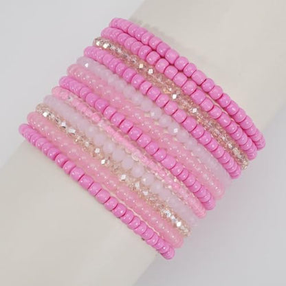 Bohemian Multilayer Beaded Stackable Stretch Bracelets for Women Colorful Crystal Glass Resin Seed Beads Elastic Wristbands BFF Friendship Summer Beach Hawaii Jewelry - color: Pink