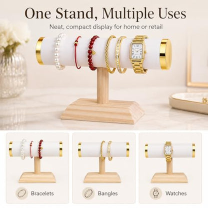 Jewelry bracelet Display T-Bar Stand 9 inch White PU Bracelet Holder with Gold Metal Ends 1-Tier Jewelry Organizer with Natural Pine Base, Bangle & Watch Display for Retail & Vanity - color: Round PU White