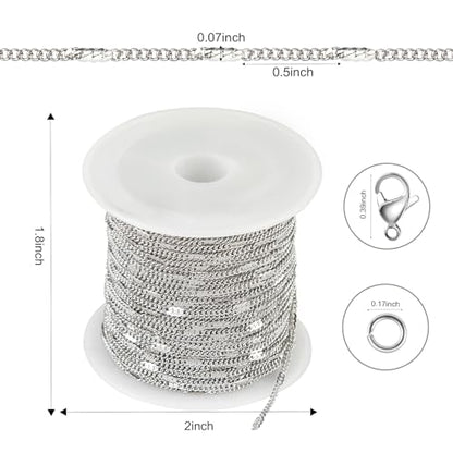 Kyutong Thin Curb Chains Bulk on Spool Silver Chain for Jewelry Making | 32.8 Feet 304 Stainless Steel Jewelry Chain with Clasps Men Women Necklace Bracelet Making Chain Supplies - color: Flat Curb Silver