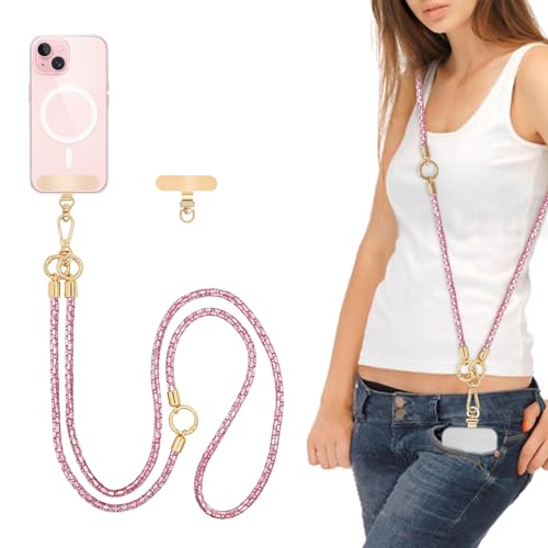 Crystal Phone Strap Crossbody Rhinestone Cell Phone Neck, Pink - color: Pink