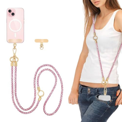Crystal Phone Strap Crossbody Rhinestone Cell Phone Neck, Pink - color: Pink