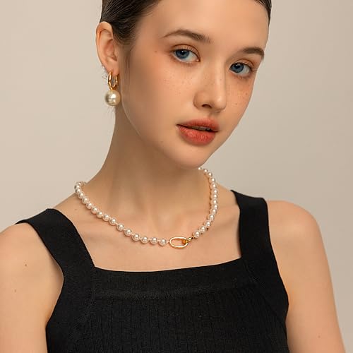 Pearl Necklace for Women Paperclip Chain Chunky Gold Necklace, Freshwater Cultured Pearls Trendy Link Chain 18K Gold Plated Dainty Pearl Choker - color: 8mm White Pearl Necklace