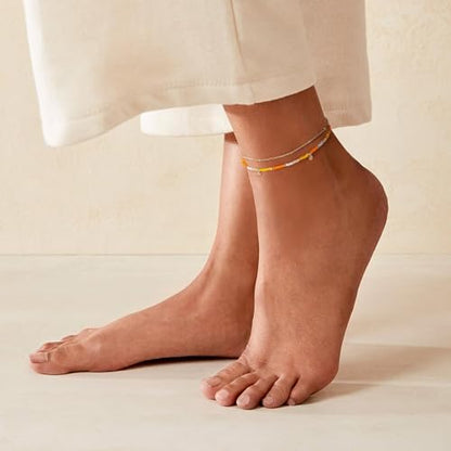 KissYan Beaded Ankle Bracelet for Women, Bead Anklet with Dangling Charm, Beach Waterproof Foot Jewelry Gifts for Her - color: Yellow