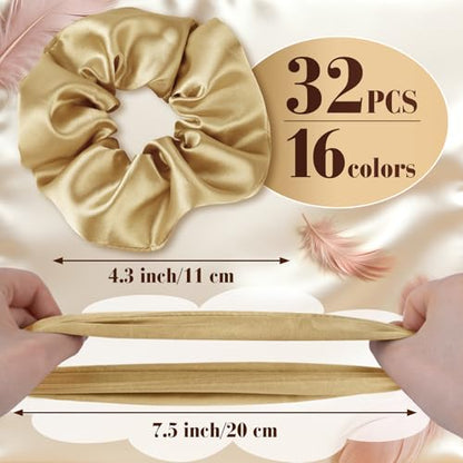 32 Pcs Satin Scrunchies for Women,16 Colors Silk Scrunchies Ponytail Holders,Satin Hair Ties and Bands for Thick,Thin and Curly hair