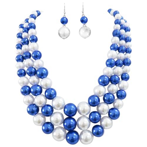 Rosemarie & Jubalee Women's 3 Colorful Multi Strands Simulated Pearl Necklace And Earrings Jewelry Gift Set, 18"+3" Extender - color: Blue White Mix Silver Tone Double Ball Earring