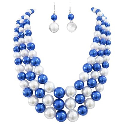 Rosemarie & Jubalee Women's 3 Colorful Multi Strands Simulated Pearl Necklace And Earrings Jewelry Gift Set, 18"+3" Extender - color: Blue White Mix Silver Tone Double Ball Earring