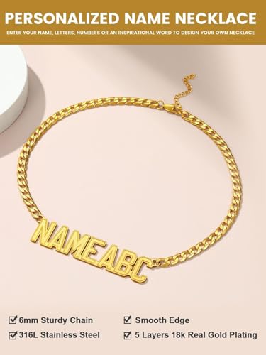 GoldChic JEWELRY Name Necklace Personalized for Men, Womens Custom Name Plate Chain, Stainless Steel Customized Old English Nameplate Choker with Curb Chains Custom, 16 inches to 30 inches - color: Cuban Chain 6 mm- Gold(Large Pendant)