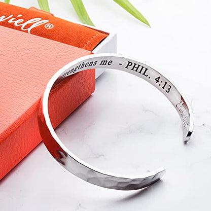Bracelet - Gifts for Women – Inspirational, Friendships, Love, Mom, Daughters, Sisters, Christian, Graduations, Memorials & Wedding Gifts – 100+ Phrases – Stainless Steel, Gift Ready - color: CHRISTIAN GIFT - I can do all things through Christ who strengt