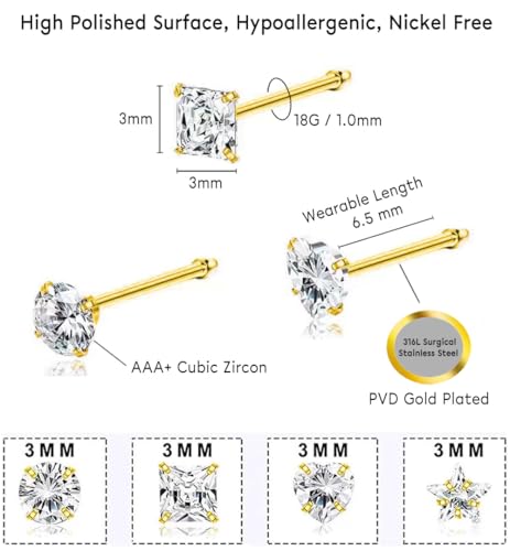 SEEDRILL 8Pcs 20G Nose Rings studs for Woman Hypoallergenic Nose Studs 316L Surgical Steel with Gold Plated Nose Piercings Jewelry 3mm CZ L Shape Nose Rings 20 Gauge Nose Stud Nose Screw Studs - style: 8Pcs/18G/3mm CZ/Straight Bar/Gold-Plated