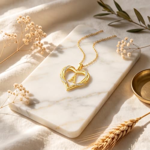 Midari 18K Gold Initial Letter Necklace for Women 18K Gold Initial Heart Capital Monogram Necklace for Mom Wife Alphabets from A-Z - color: A
