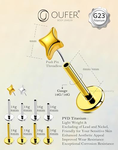 OUFER G23 Titanium Threadless Labret Studs – Flat Back Push Pin Earrings for Tragus, Helix, Monroe, Conch, Lip Piercing – 16G/18G, 6MM/8MM - color: Gold-4Star, size: 16g 10mm