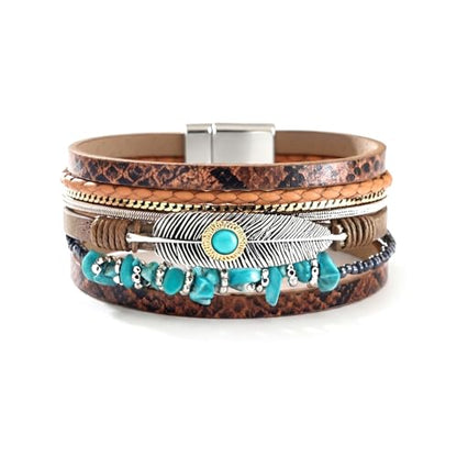 Long tiantian Boho Western Bracelets for Women Leather Wrap Bracelets Turquoise Bracelet Western Jewelry Country Concert Outfits - color: A1:western bracelet for women（brown）