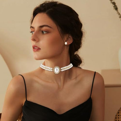 Pearl Jewelry Set for Women Faux Pearl Costume Jewelry Set with Necklace, Bracelets, Ring, Earrings for Wedding Bridal Birthday Tea Party - color: Milky White