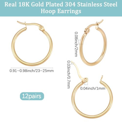 Beebeecraft 1 Box 12 Pairs Small Round Hoop Earrings 18K Gold Plated Stainless Steel Gold Ring Hoops 25mm Circle French Decorative Chunky Jewelry Earring Rings for Women Ear Piercing Jewelry DIY Decor - size: 25x2mm