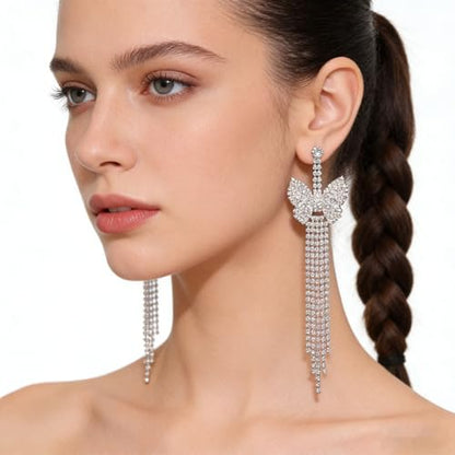 Rhinestone Earrings Dangling for Women Sparkly Silver Dangle Earrings Girls Long Chandelier Earrings Tassel Lightweight Ear Studs Cubic Zirconia (KE001S-W) - color: Bow Butterfly 816263S