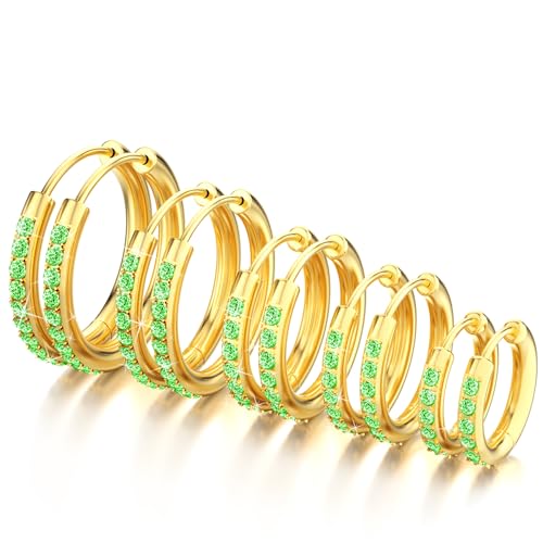5 Pairs Huggie Hoop Earrings, Cubic Zirconia 14K Gold-Plated 316L Surgical Steel, Hypoallergenic Lightweight Design for Women & Men Cartilage & Multi-Piercing Stacking(13-21mm) - color: J+gold+green