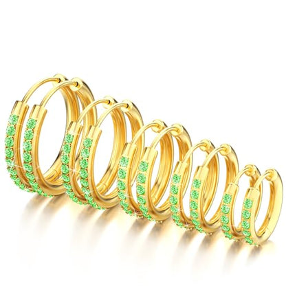 5 Pairs Huggie Hoop Earrings, Cubic Zirconia 14K Gold-Plated 316L Surgical Steel, Hypoallergenic Lightweight Design for Women & Men Cartilage & Multi-Piercing Stacking(13-21mm) - color: J+gold+green