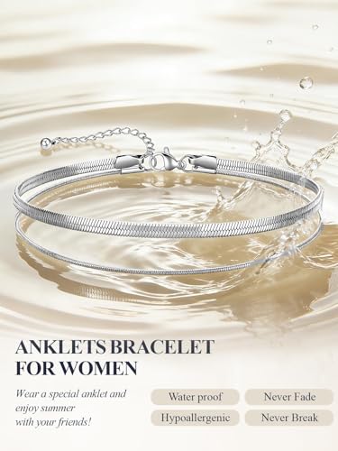 U7 Silver/Gold/Black Ankle Bracelets for Women Layered Chain Anklets | Stainless Steel Anklets Waterproof Summer Beach Anklet Charm, Adjustable 8.5"-10.5",Layered Anklet Fashion - color: Silver - Flat Snake Chain+Snake Chain