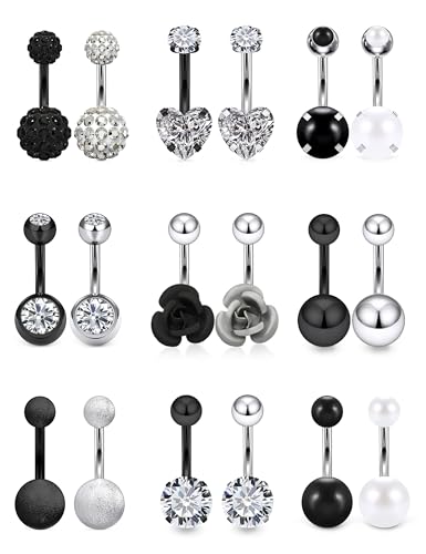 Vsnnsns 14G Belly Button Ring Piercing Jewelry 316L Stainless Surgical Steel Heart CZ Pearl Butterfly Flower Navel Rings Dangle Belly Button Ring Navel Piercing Jewelry for Women Men Hypoallergenic - color: Silver&Black