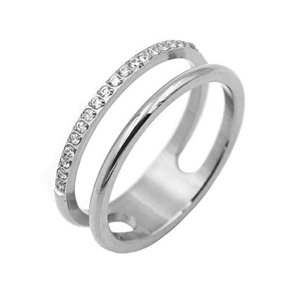 Women's Stainless Steel Cubic Zirconia Ring Knuckle Midi Stacking Double Lines Eternity Bands - color: Silver