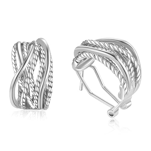 Mytys Two Tone Huggie Hoop Earrings Cross Over Design Twisted Rope Silver Gold Statement Wide Band Clip On Hoops for Women Fashion Jewelry Gift - color: Silver