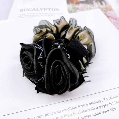 Satin Hair Scrunchie with Rose Flower, Brown and Gold, Pearl Beads, Ribbon Bow, Hair Tie Accessory, 9cm (black) - color: black