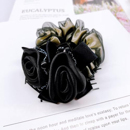 Satin Hair Scrunchie with Rose Flower, Brown and Gold, Pearl Beads, Ribbon Bow, Hair Tie Accessory, 9cm (black) - color: black