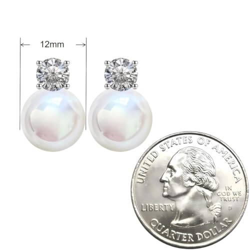 Faux Pearl Cubic Zirconia Stud Earrings, Hypoallergenic Lightweight Round Pearl Studs for Women - color: Pinkish White, size: Pearl 12mm-CZ 6mm