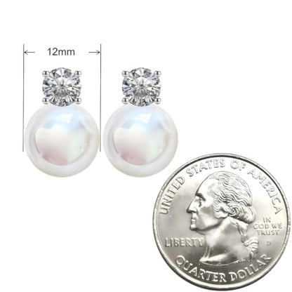 Faux Pearl Cubic Zirconia Stud Earrings, Hypoallergenic Lightweight Round Pearl Studs for Women - color: Pinkish White, size: Pearl 12mm-CZ 6mm