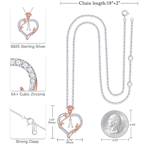 Iefil Anniversary Birthday Gifts for Women, Rose Heart Initial Necklace | Gift Box Packaging, 925 Sterling Silver, Jewelry Gifts for Women Her Wife Mom Girlfriend, Initial A-Z, 19+2inches - color: IEFIL JEWELRY BOX, style: N