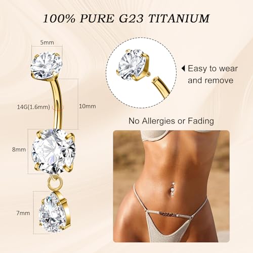 G23 Titanium Belly Button Rings Dangle CZ Belly Rings Curved Navel Rings Teardrop Internally Threaded Cute Belly Piercing 8mm-16mm - color: Style A| Gold, size: 14MM