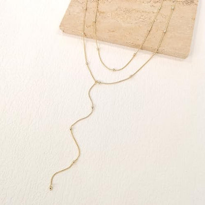 HERIER Lariat Gold Necklace for Women, Dainty Long Necklace 14k Gold Plated/Silver Y-Shaped Layered Beaded Chain Drop Necklaces for Women Trendy Simple Gold Jewelry for Women Gifts - color: Y Layered Bead Necklace-Gold